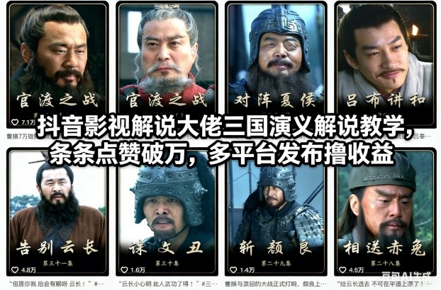 抖音影视解说大佬三国演义解说教学，条条点赞破万，多平台发布撸收益-一个公司创业项目 - 淘金吧