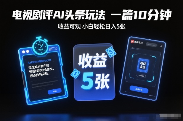 电视剧评AI头条玩法，一篇10分钟，收益可观，小白轻松日入5张+【独家】-一个公司创业项目 - 淘金吧