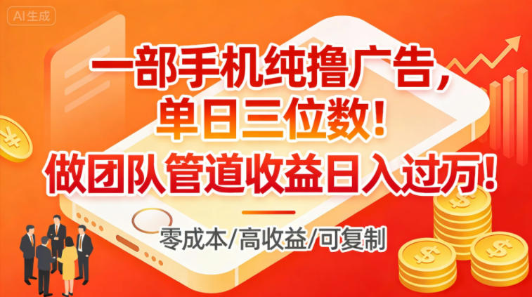 一部手机纯撸广告，单日三位数，做团队管道收益日入过1W-一个公司创业项目 - 淘金吧