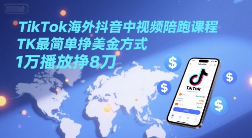 TikTok海外抖音中视频陪跑课程,TK最简单挣美金方式,1万播放挣8刀-一个公司创业项目 - 淘金吧