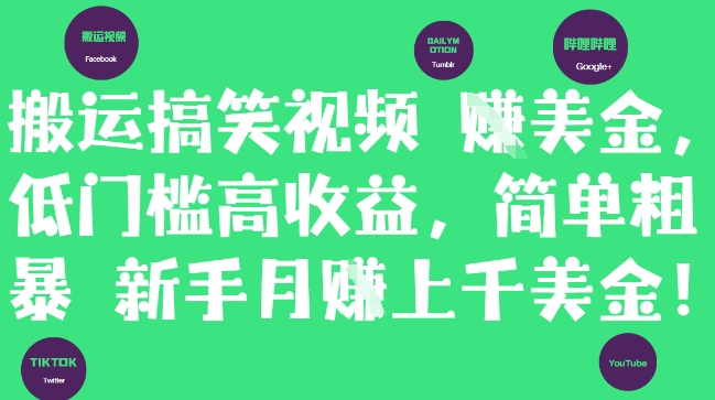搬运搞笑视频挣美金,低门槛高收益,简单粗暴新手月入上千美刀-一个公司创业项目 - 淘金吧