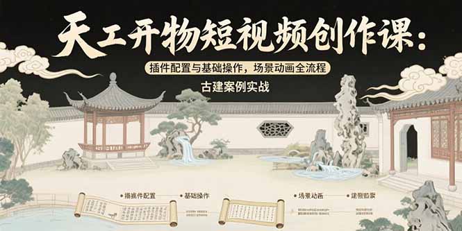 天工开物短视频创作课:插件配置与基础操作,场景动画全流程 古建案例实战-一个公司创业项目 - 淘金吧