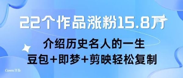 22个作品涨粉15.8W ，介绍历史名人的一生 ， 豆包+即梦+剪映轻松复制-一个公司创业项目 - 淘金吧