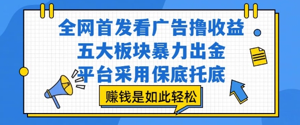 全网首发看广告撸收益,五大板块暴力出金,平台采用保底托底,挣钱是如此轻松作【揭秘】-一个公司创业项目 - 淘金吧