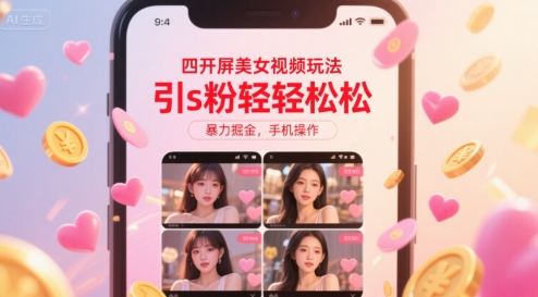 四开屏美女视频玩法,引s粉轻轻松松,暴力掘金,手机操作【揭秘】-一个公司创业项目 - 淘金吧
