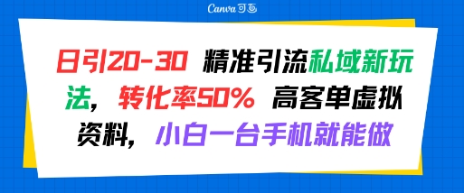 日引 20-30 精准引流私域新玩法,转化率50% 高客单虚拟资料,小白一台手机就能做-一个公司创业项目 - 淘金吧