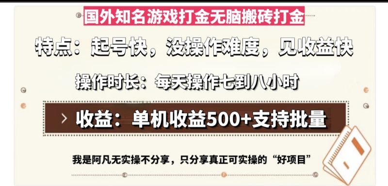 国外知名游戏打金无脑搬砖单机收益500，每天操作七到八个小时-一个公司创业项目 - 淘金吧