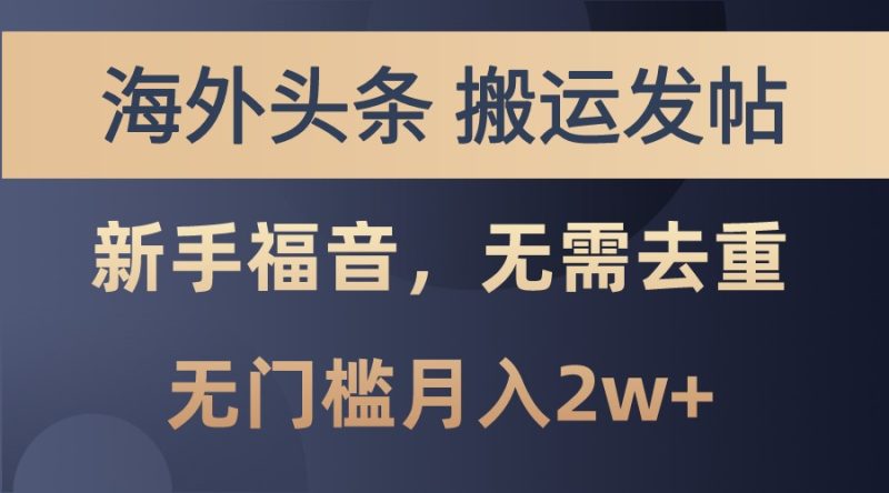 海外头条撸美金,搬运发帖,新手福音,甚至无需去重,无门槛月入2w+-一个公司创业项目 - 淘金吧