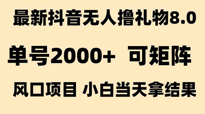 抖音无人撸礼物8.0玩法 全新风口   见效果快  全无人  单号当天产出2000+-一个公司创业项目 - 淘金吧