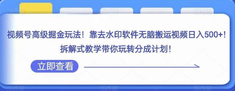 视频号高级掘金玩法,靠去水印软件无脑搬运视频日入500+,拆解式教学带你玩转分成计划【揭秘】-一个公司创业项目 - 淘金吧