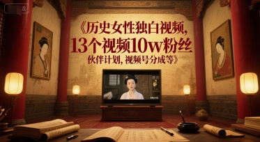 历史女性独白视频,13个视频10w粉丝,伙伴计划,视频号分成等-一个公司创业项目 - 淘金吧