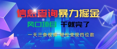 信息查询暴力掘金,一天三条视频,轻松变现四位数,风口项目干就完了【揭秘】-一个公司创业项目 - 淘金吧