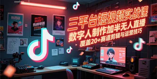 三平台短视频实战课,数字人制作加半无人直播,覆盖20+赛道剪辑与运营技巧-一个公司创业项目 - 淘金吧