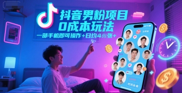 抖音男粉项目0成本玩法，一部手机即可操作，日均4张+，时间自由-一个公司创业项目 - 淘金吧