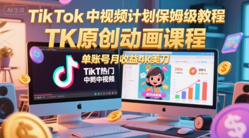 TikTok中视频计划保姆级教程,TK原创动画课程,单账号月收益4k美刀-一个公司创业项目 - 淘金吧