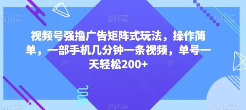 视频号强撸广告矩阵式玩法,操作简单,一部手机几分钟一条视频,单号一天轻松200+【揭秘】-一个公司创业项目 - 淘金吧