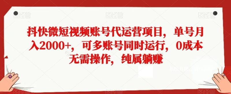 抖快微短视频账号代运营项目,单号月入2000+,可多账号同时运行,0成本无需操作,纯属躺赚【揭秘】-一个公司创业项目 - 淘金吧