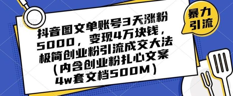 抖音图文单账号3天涨粉5000,变现4万块钱,极简创业粉引流成交大法-一个公司创业项目 - 淘金吧