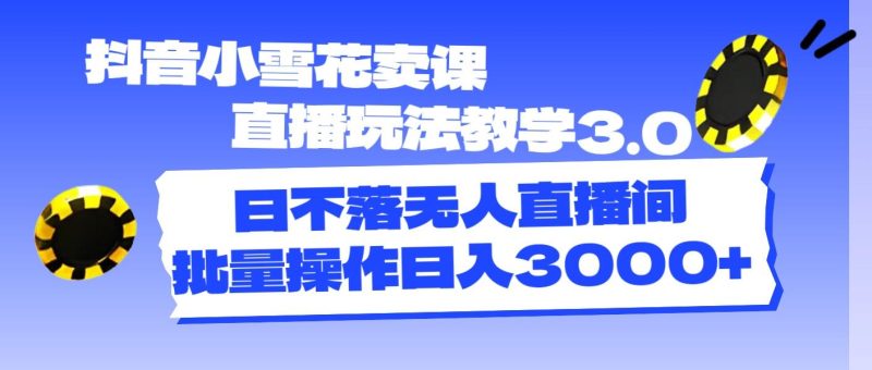 抖音小雪花卖课直播玩法教学3.0，日不落无人直播间，批量操作日入3000+-一个公司创业项目 - 淘金吧