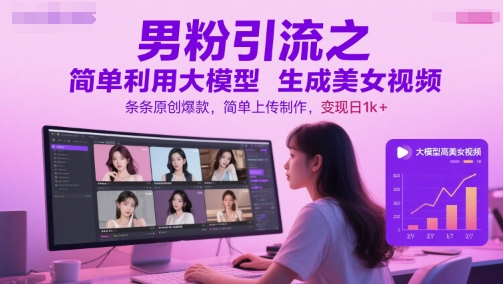 男粉引流之简单利用大模型生成美女视频，条条原创爆款，简单上传制作，变现日1k+-一个公司创业项目 - 淘金吧
