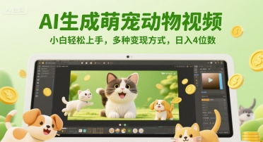 AI生成萌宠动物视频,小白轻松上手,多种变现方式,日入4位数-一个公司创业项目 - 淘金吧