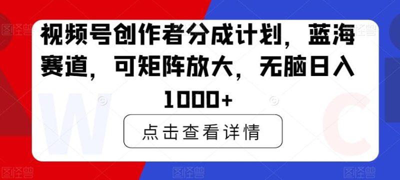 视频号创作者分成计划，蓝海赛道，可矩阵放大，无脑日入1000+-一个公司创业项目 - 淘金吧