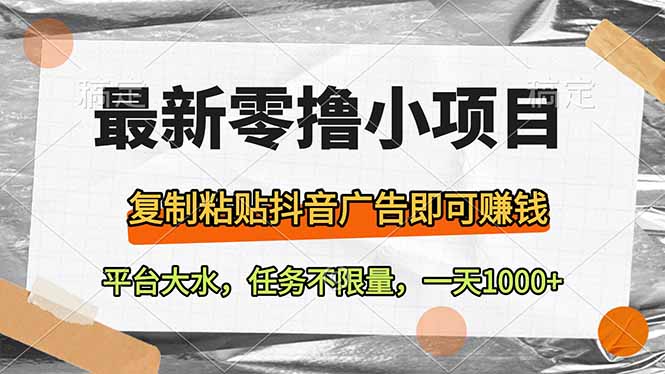 最新零撸小项目，复制粘贴抖音广告即可赚钱，平台大水，任务不限量，一…-一个公司创业项目 - 淘金吧
