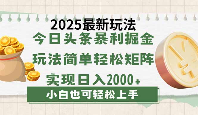 今日头条2025最新玩法，思路简单，复制粘贴，轻松实现矩阵日入2000+-一个公司创业项目 - 淘金吧