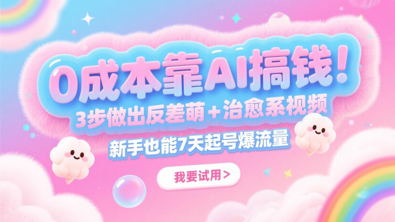 0成本靠AI搞钱!3步做出反差萌+治愈系视频,新手也能7天起号爆流量,月入5位数-一个公司创业项目 - 淘金吧