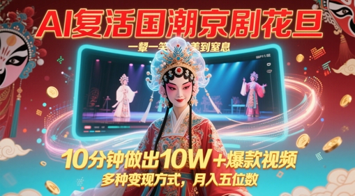 AI复活国潮京剧花旦,一颦一笑美到窒息,10分钟做出10W+爆款视频,多种变现方式,月入五位数-一个公司创业项目 - 淘金吧
