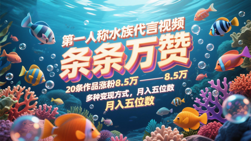 第一人称水族代言视频,条条万赞,20条作品涨粉8.5万,多种变现方式月,入五位数-一个公司创业项目 - 淘金吧