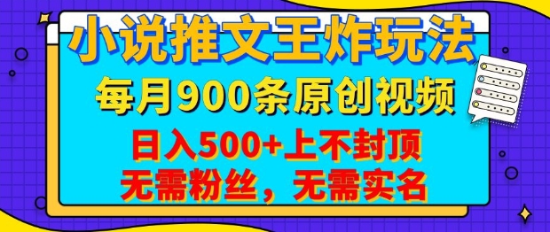 小说推文王炸玩法,一键代发,每月最多领900条原创视频,播放量收益日入5张,无需粉丝,无需实名【揭秘】-一个公司创业项目 - 淘金吧