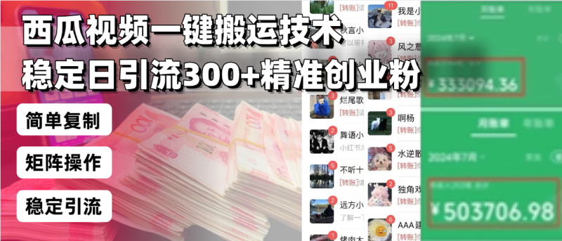 西瓜视频一键搬运技术,稳定日引流300+精准创业粉,简单可复制给团队,…-一个公司创业项目 - 淘金吧
