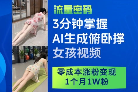 3分钟掌握AI生成俯卧撑女孩视频,零成本涨粉变现,1个月1W粉-一个公司创业项目 - 淘金吧
