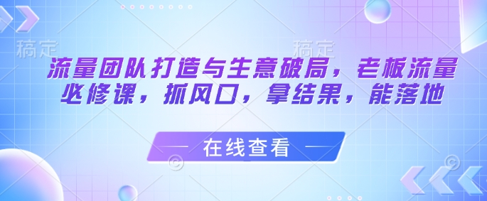 流量团队打造与生意破局,老板流量必修课,抓风口,拿结果,能落地-一个公司创业项目 - 淘金吧