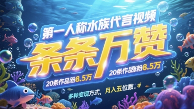 第一人称水族代言视频,条条万赞,20条作品涨粉7.8W,多种变现方式月入五位数-一个公司创业项目 - 淘金吧