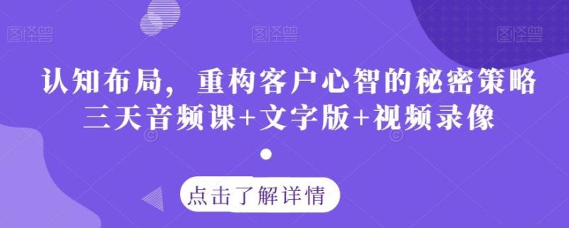 认知布局,重构客户心智的秘密策略三天音频课+文字版+视频录像-一个公司创业项目 - 淘金吧
