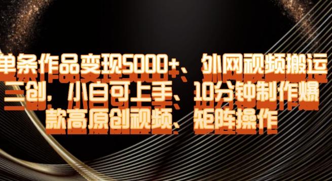 单条作品变现5000+、外网视频搬运二创，小白可上手，10分钟制作爆款高原创视频，矩阵操作【揭秘】-一个公司创业项目 - 淘金吧