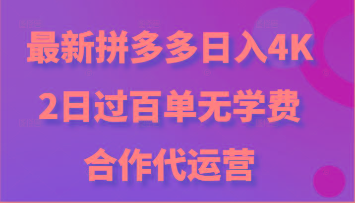 最新拼多多，日入4K+，2日过百单无学费，合作代运营-一个公司创业项目 - 淘金吧