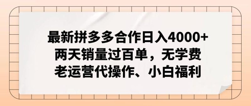 最新拼多多合作日入4000+两天销量过百单，无学费、老运营代操作、小白福利-一个公司创业项目 - 淘金吧