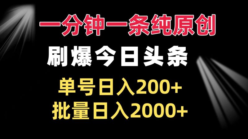 一分钟一条纯原创  刷爆今日头条 单号日入200+ 批量日入2000+-一个公司创业项目 - 淘金吧