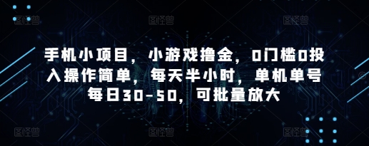 手机小项目,小游戏撸金,0门槛0投入操作简单,每天半小时,单机单号每日30-50,可批量放大-一个公司创业项目 - 淘金吧