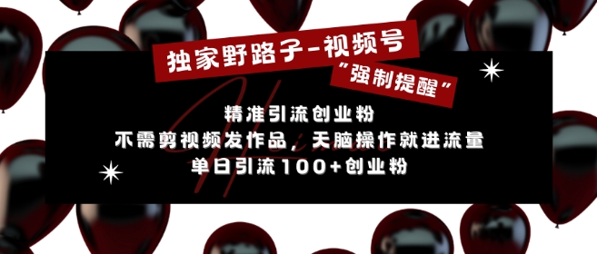 独家野路子利用视频号“强制提醒”,不需剪视频发作品,无脑操作就进流量,单日引流100+创业粉-一个公司创业项目 - 淘金吧