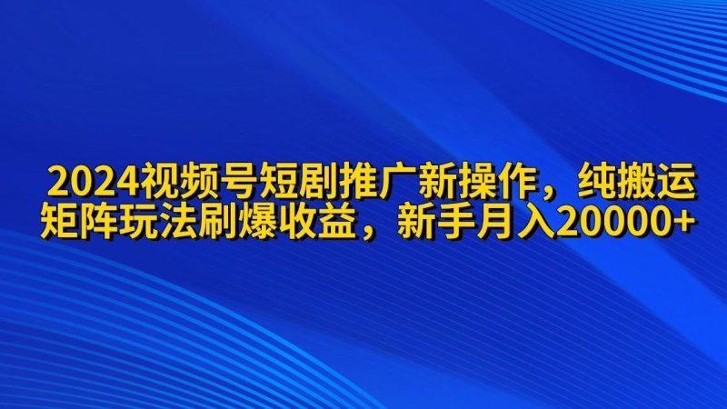 (9916期)2024视频号短剧推广新操作 纯搬运+矩阵连爆打法刷爆流量分成 小白月入20000-一个公司创业项目 - 淘金吧
