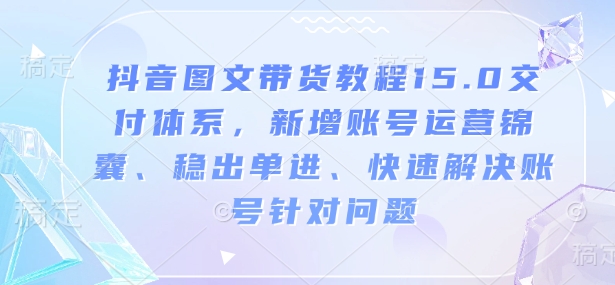 抖音图文带货教程15.0交付体系,新增账号运营锦囊、稳出单进、快速解决账号针对问题-一个公司创业项目 - 淘金吧