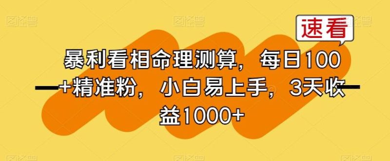 暴利看相命理测算，每日100+精准粉，小白易上手，3天收益1000+【揭秘】-一人公司创业项目 - 淘金吧