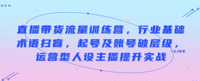 直播带货流量训练营,行业基础术语扫盲,起号及账号破层级,运营型人设主播提升实战-一个公司创业项目 - 淘金吧
