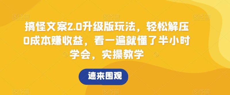 搞怪文案2.0升级版玩法,轻松解压0成本赚收益,看一遍就懂了半小时学会,实操教学【揭秘】-一个公司创业项目 - 淘金吧