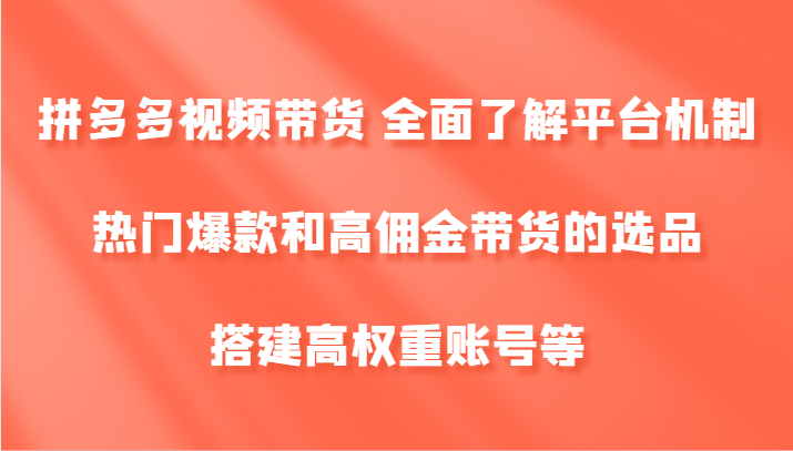 拼多多视频带货 全面了解平台机制、热门爆款和高佣金带货的选品，搭建高权重账号等-一个公司创业项目 - 淘金吧