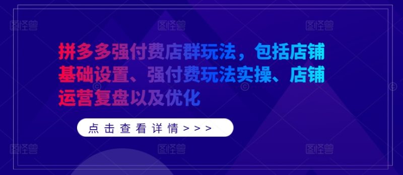 拼多多强付费店群玩法，包括店铺基础设置、强付费玩法实操、店铺运营复盘以及优化-一个公司创业项目 - 淘金吧